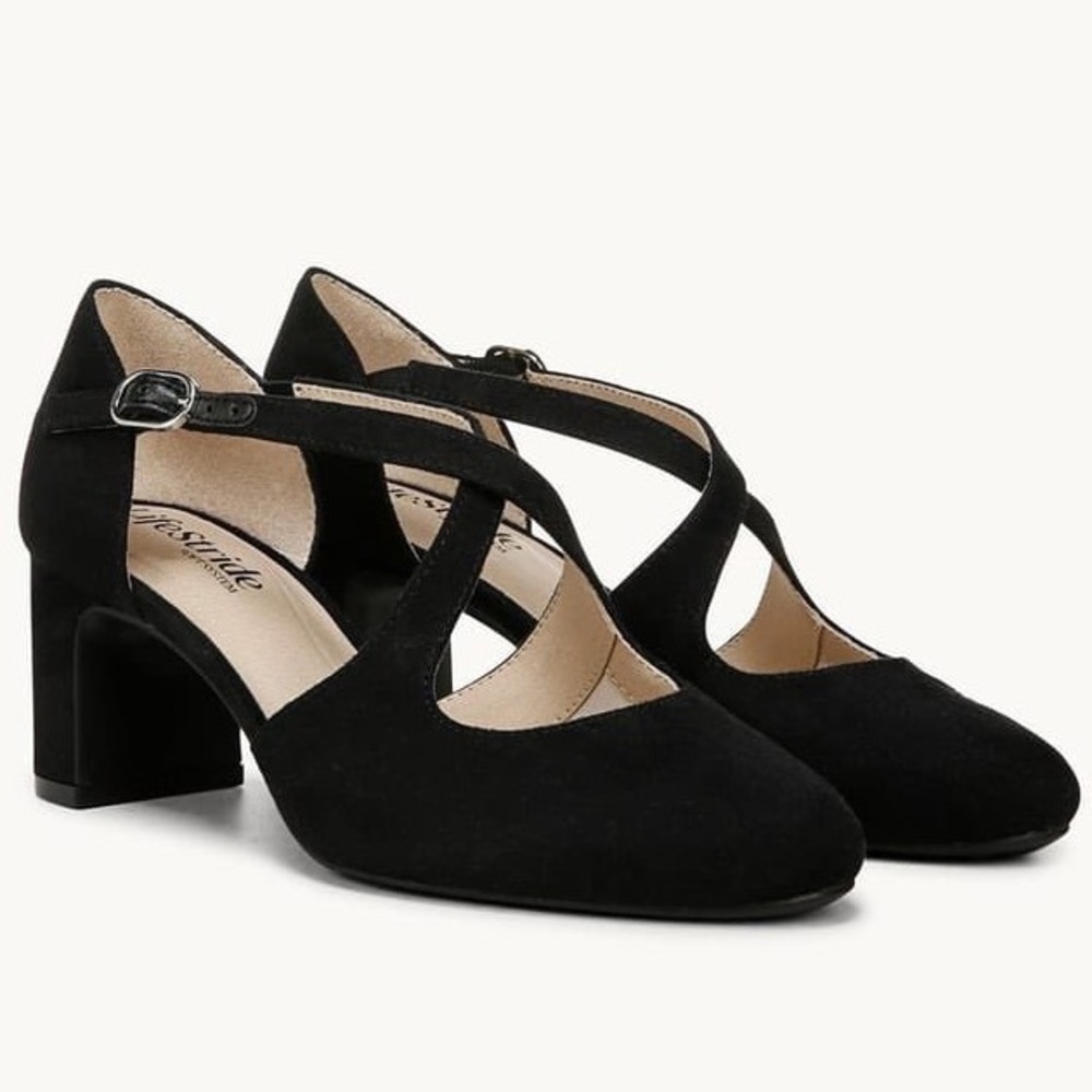 LifeStride Tracy Black Micro Strappy Pump Block Heel Almond Toe Shoes 8.5W wide